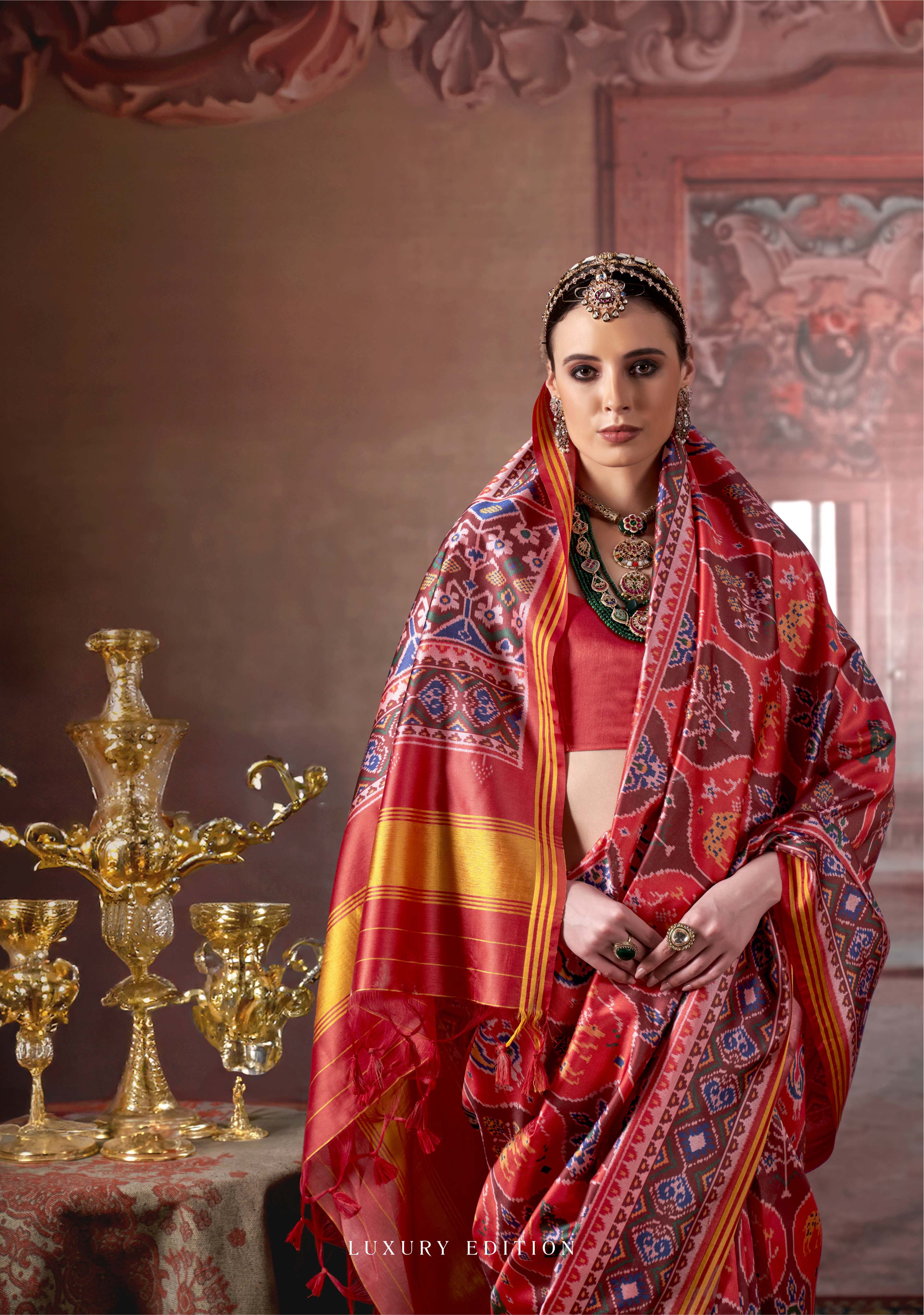Red Patan Patola Luxury Soft Silk Saree with Multicolour Traditional Ikat Weaving P41 - Image 2