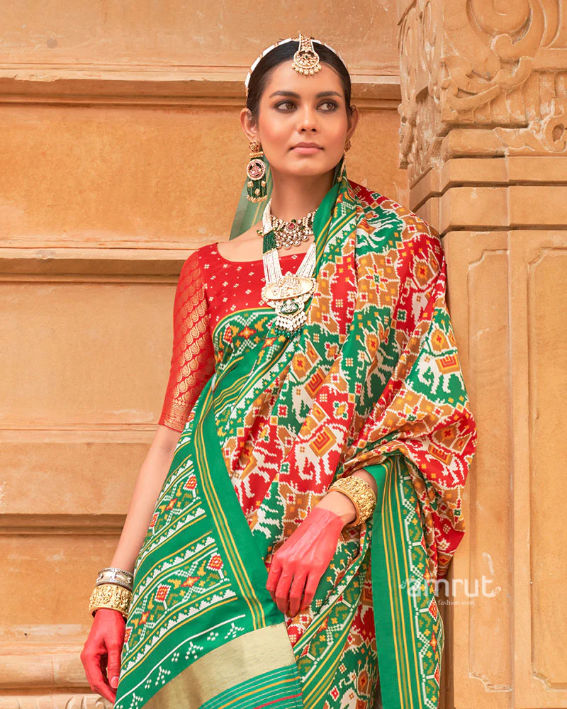 Red Patola Printed Saree with Green Zari Border and Unstitched Blouse - Image 2
