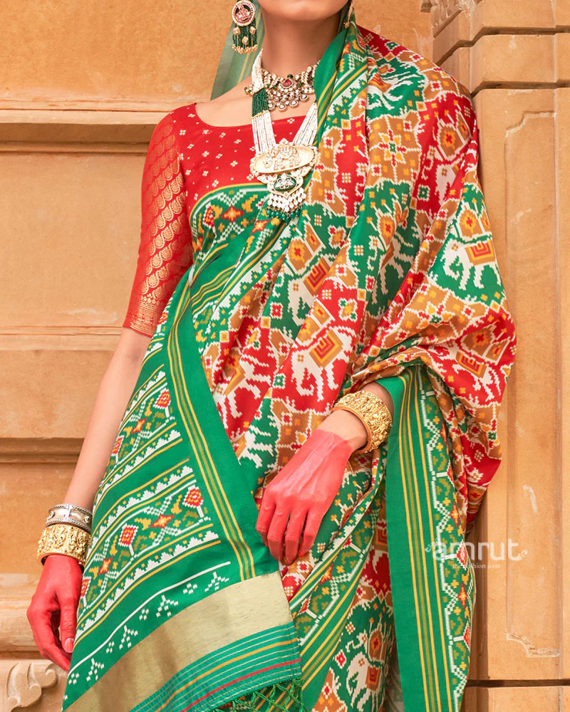 Red Patola Printed Saree with Green Zari Border and Unstitched Blouse - Image 3
