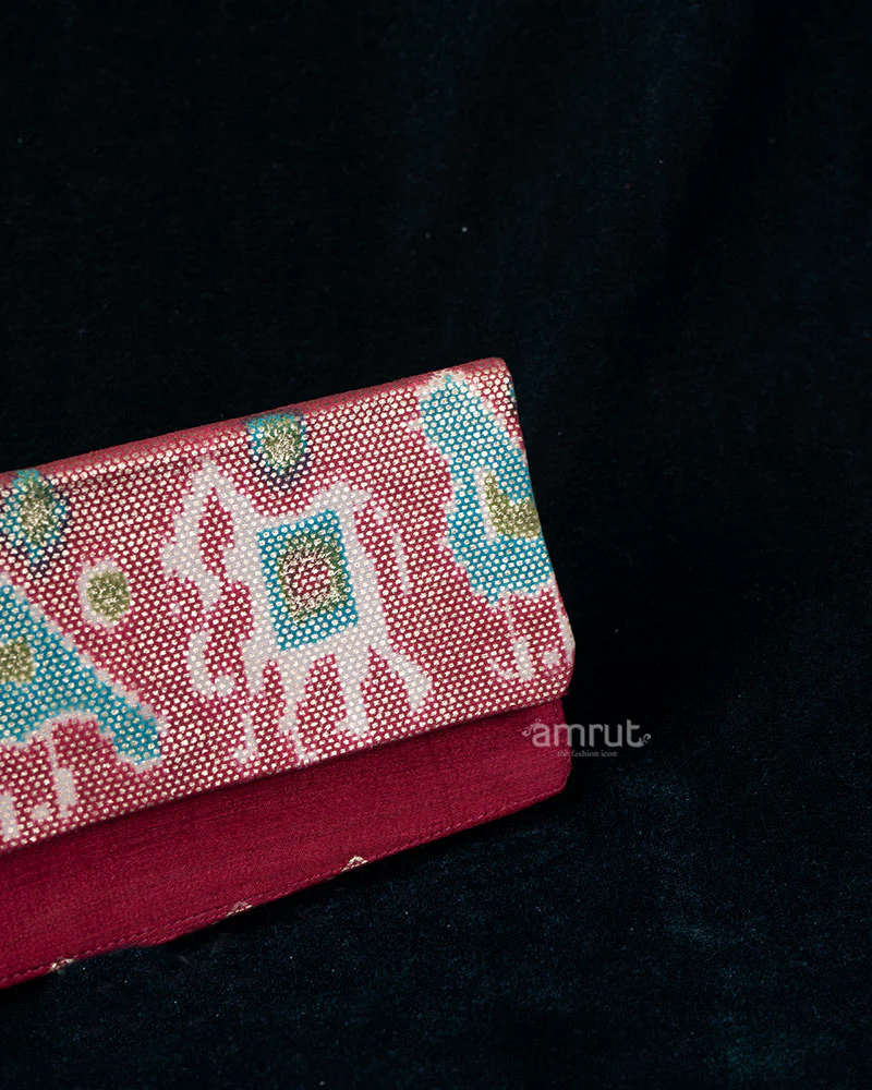 Red-Pink Embroidered Clutch with Teal Motifs & Maroon Trim - Image 2