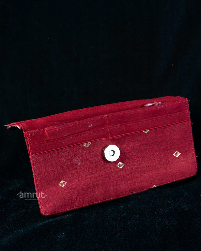 Red-Pink Embroidered Clutch with Teal Motifs & Maroon Trim - Image 3