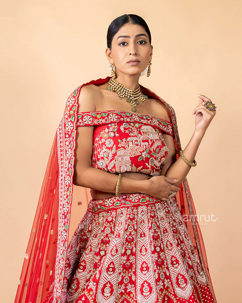 Red Printed Embroidered Unstitched Lehenga With Dupatta - Image 3