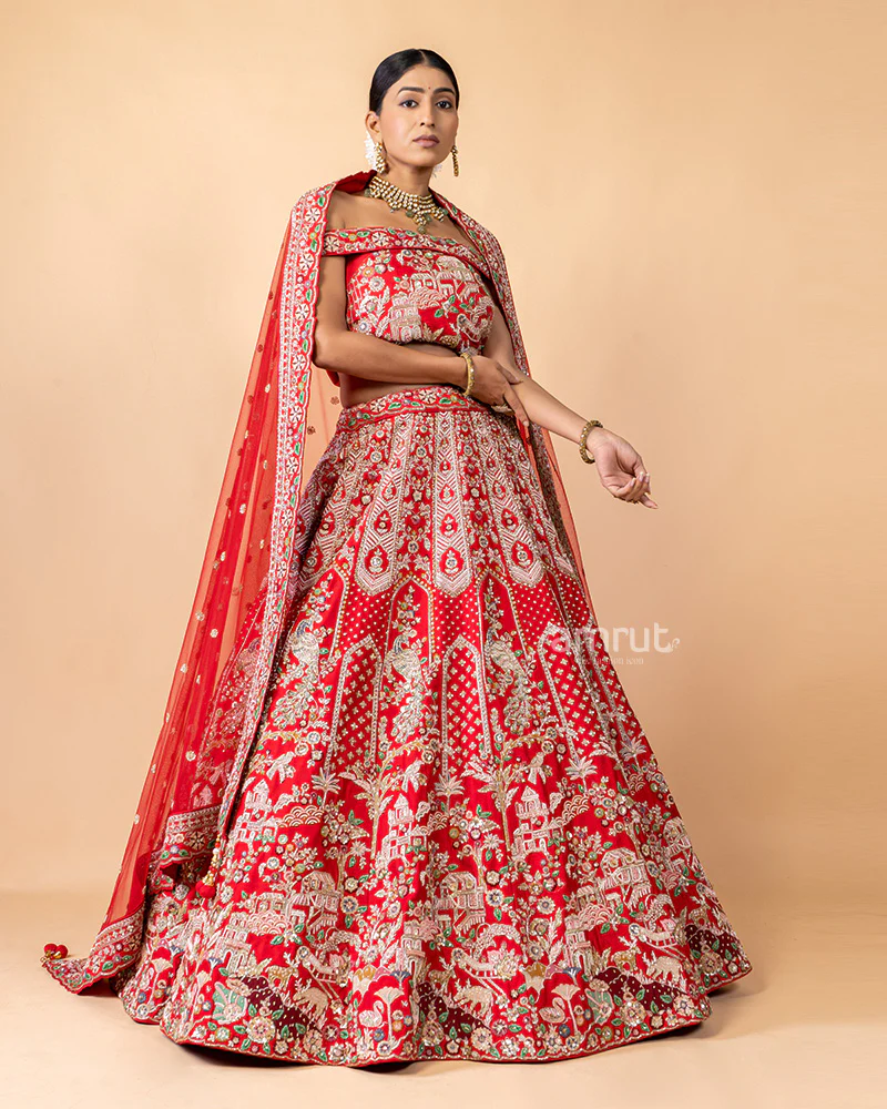Red Printed Embroidered Unstitched Lehenga With Dupatta - Image 4