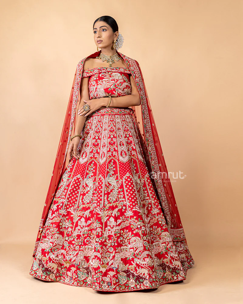 Red Printed Embroidered Unstitched Lehenga With Dupatta - Image 5