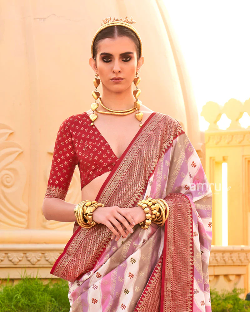 Red Printed Silk Saree with Unstitched Blouse - Image 2