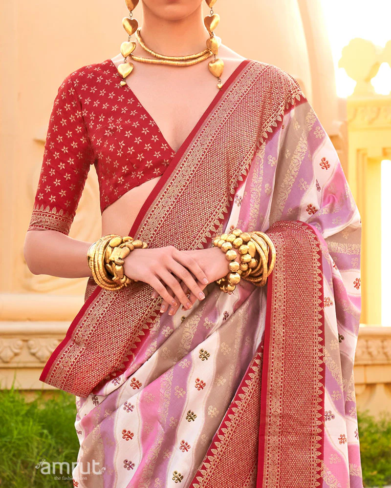 Red Printed Silk Saree with Unstitched Blouse - Image 3