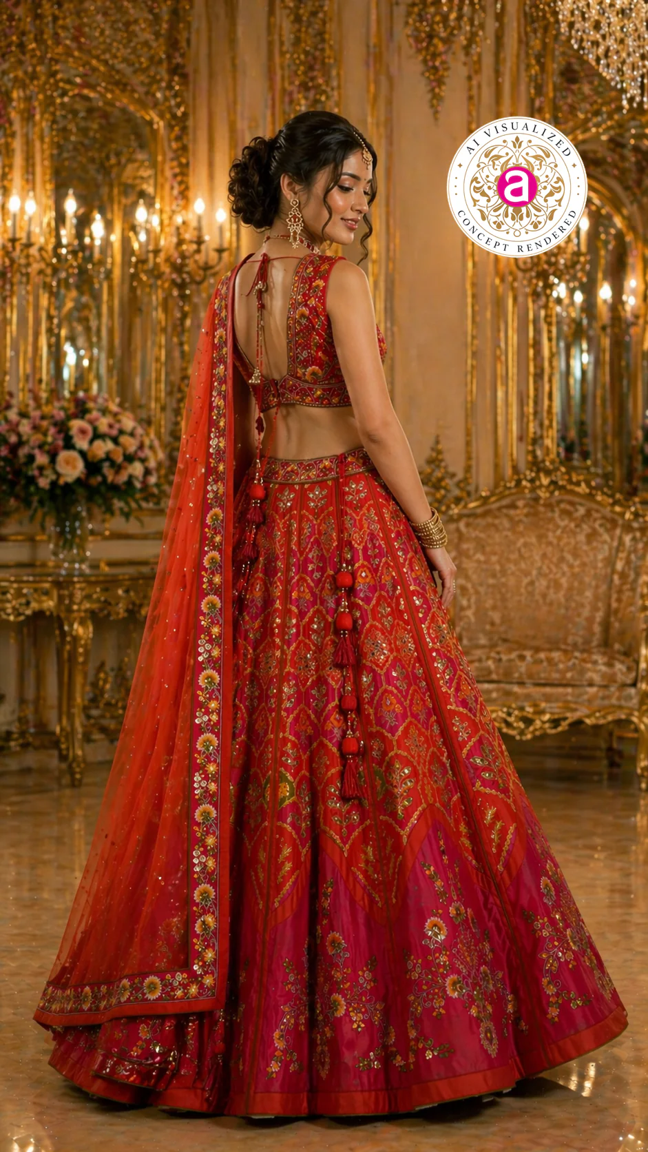 Red & Rani Pink Designer Lehenga Set with Embroidered Blouse and Net Dupatta - Image 2