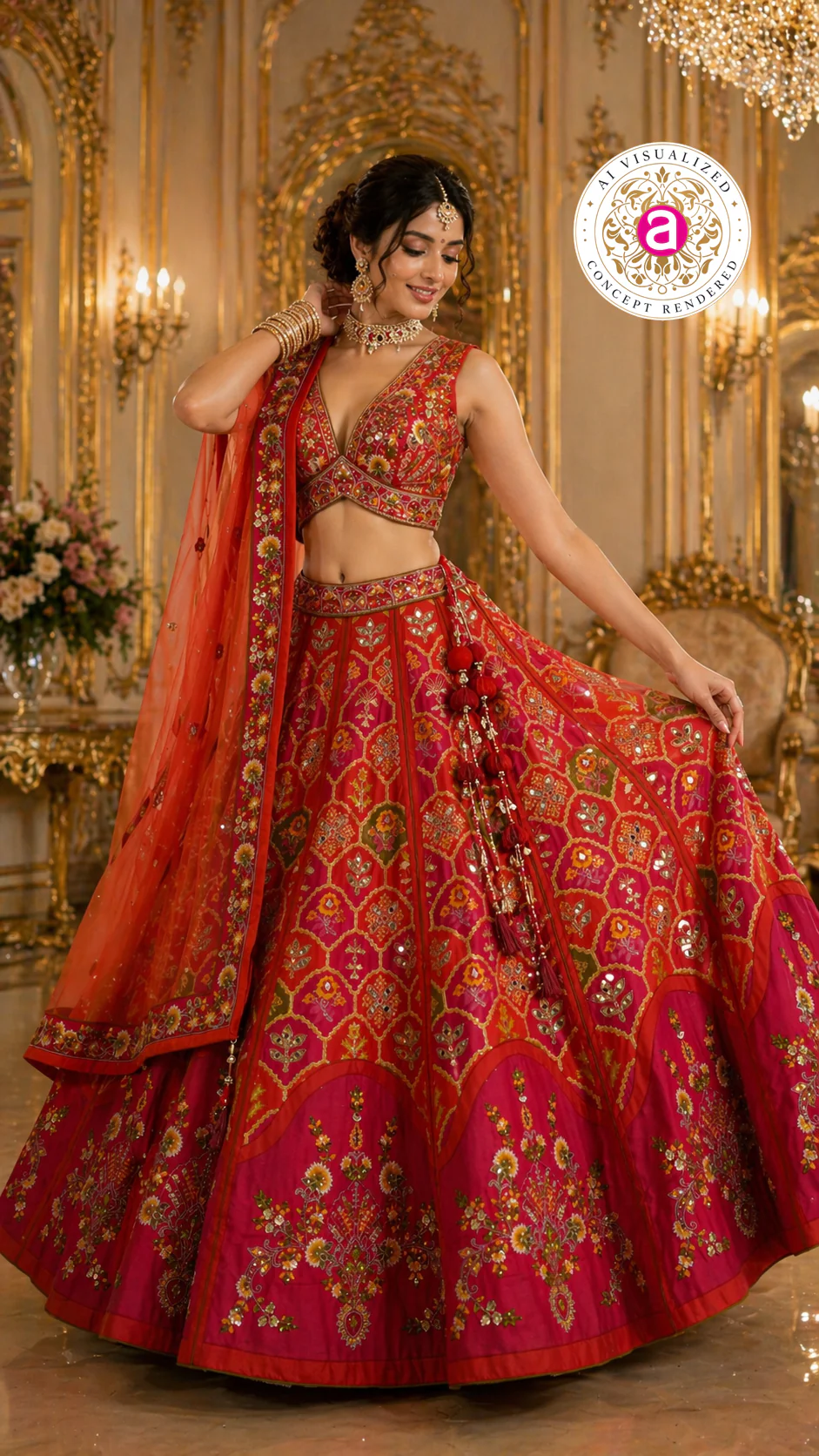 Red & Rani Pink Designer Lehenga Set with Embroidered Blouse and Net Dupatta - Image 3