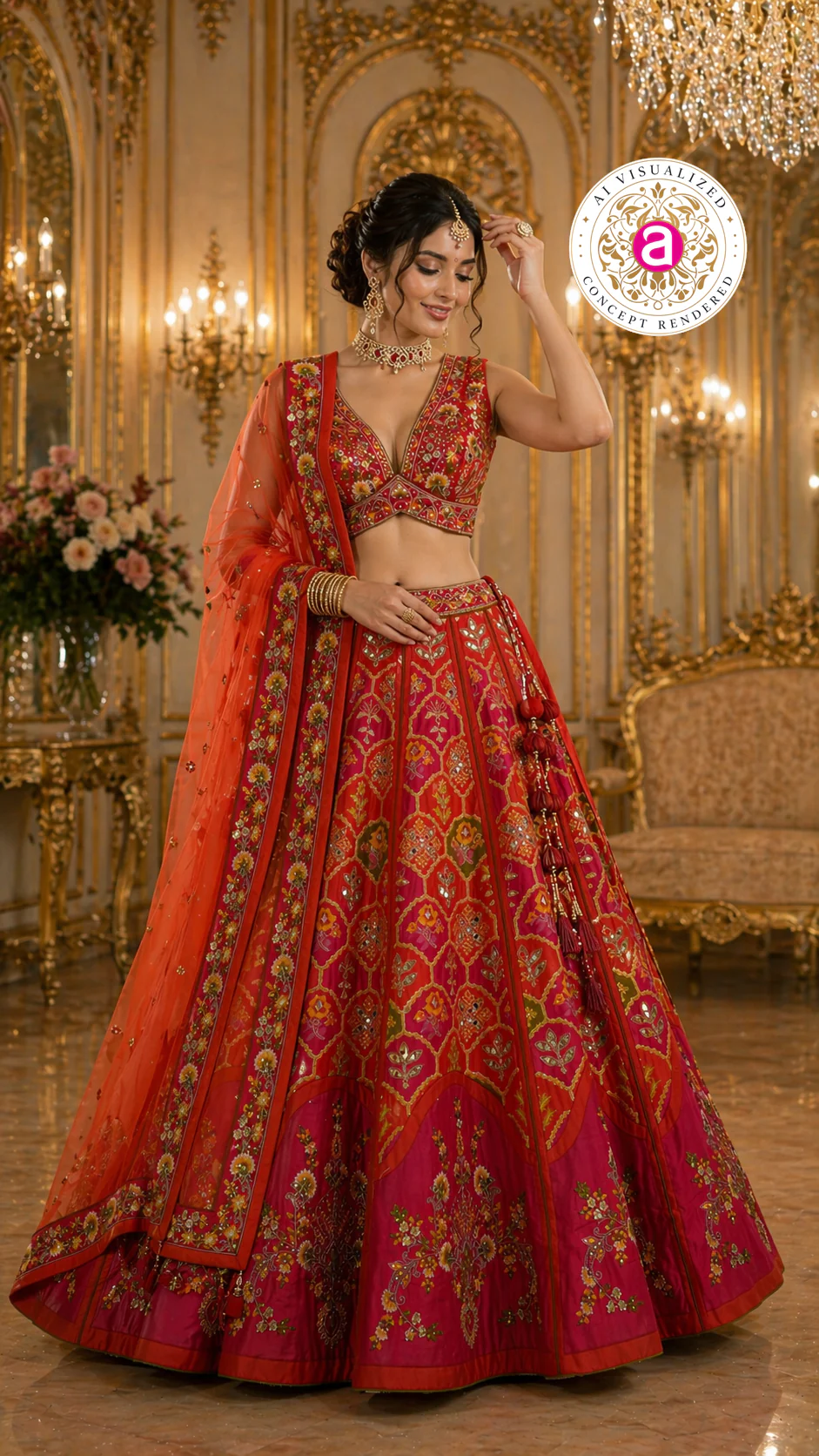 Red & Rani Pink Designer Lehenga Set with Embroidered Blouse and Net Dupatta - Image 4