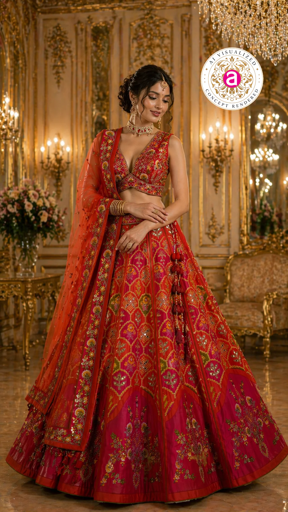 Red & Rani Pink Designer Lehenga Set with Embroidered Blouse and Net Dupatta - Image 5