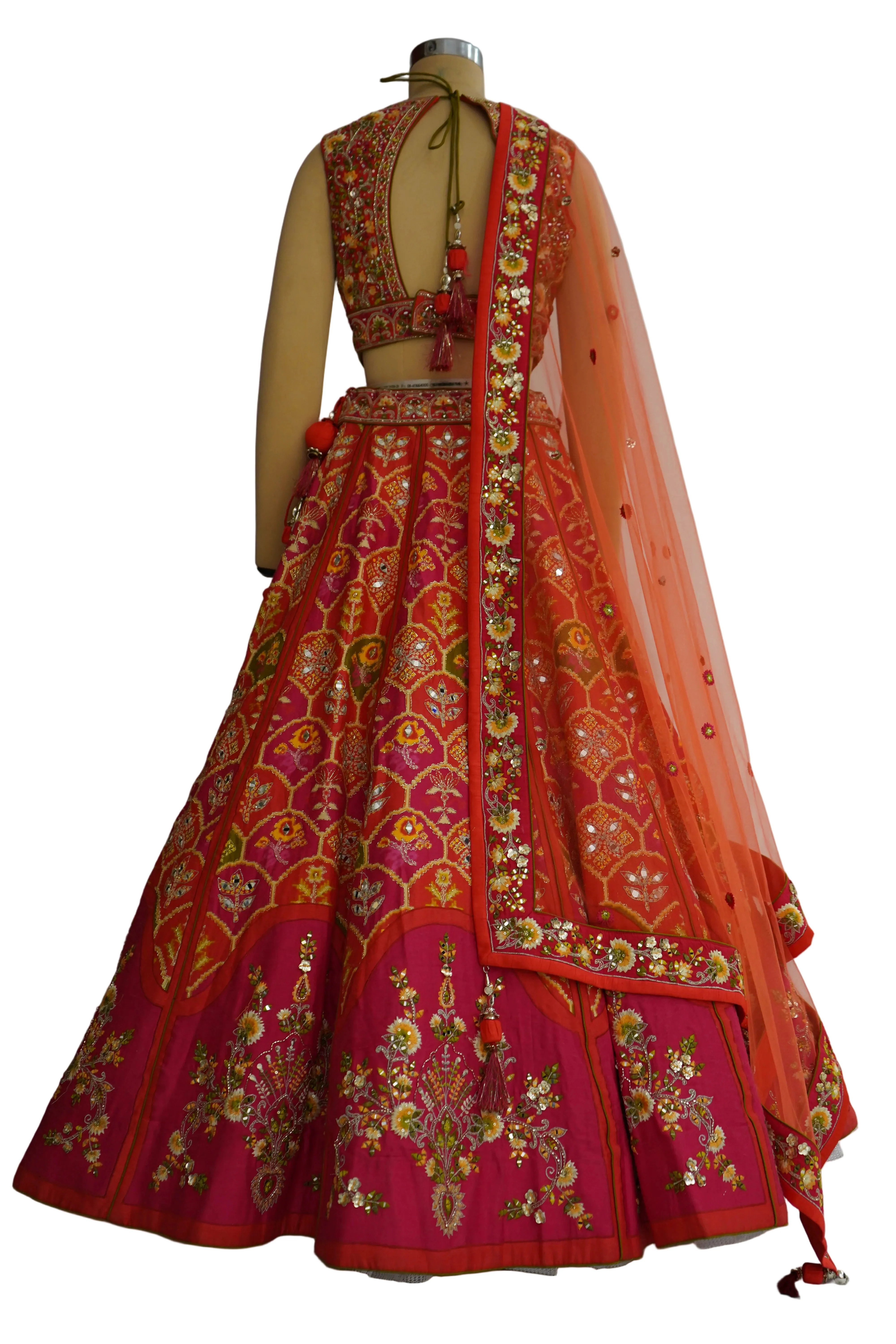 Red & Rani Pink Designer Lehenga Set with Embroidered Blouse and Net Dupatta - Image 6