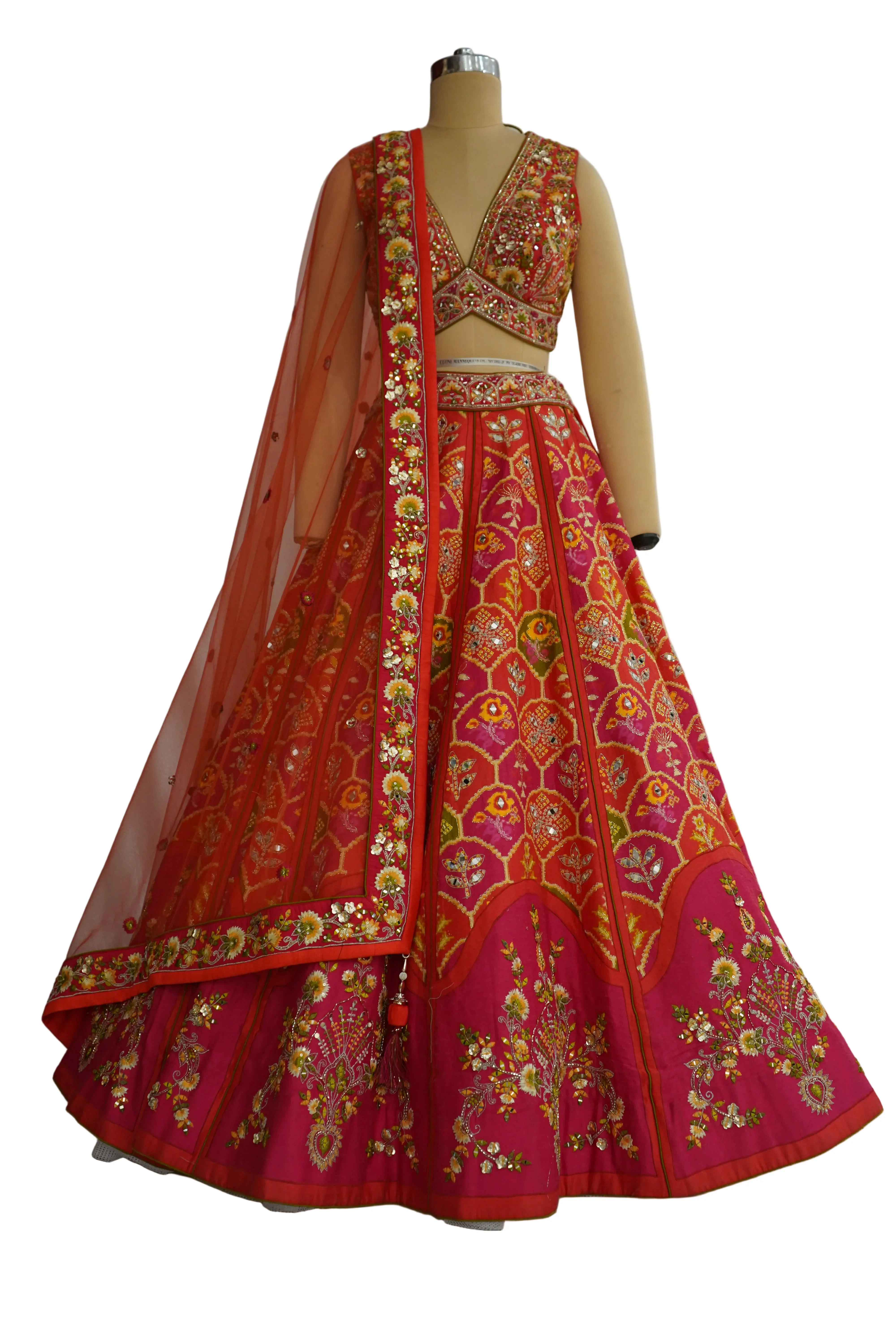Red & Rani Pink Designer Lehenga Set with Embroidered Blouse and Net Dupatta - Image 7