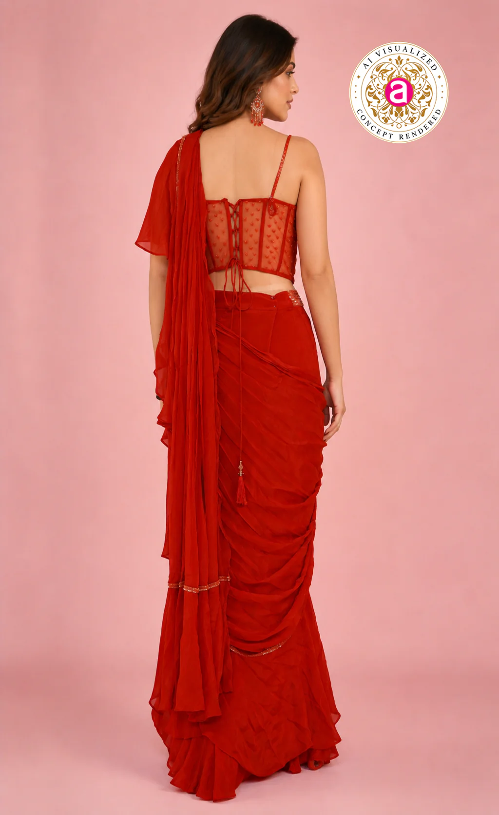 Red Ready-to-Wear Ruffle Saree with Embroidered Corset Blouse & Sheer Pallu - Image 3