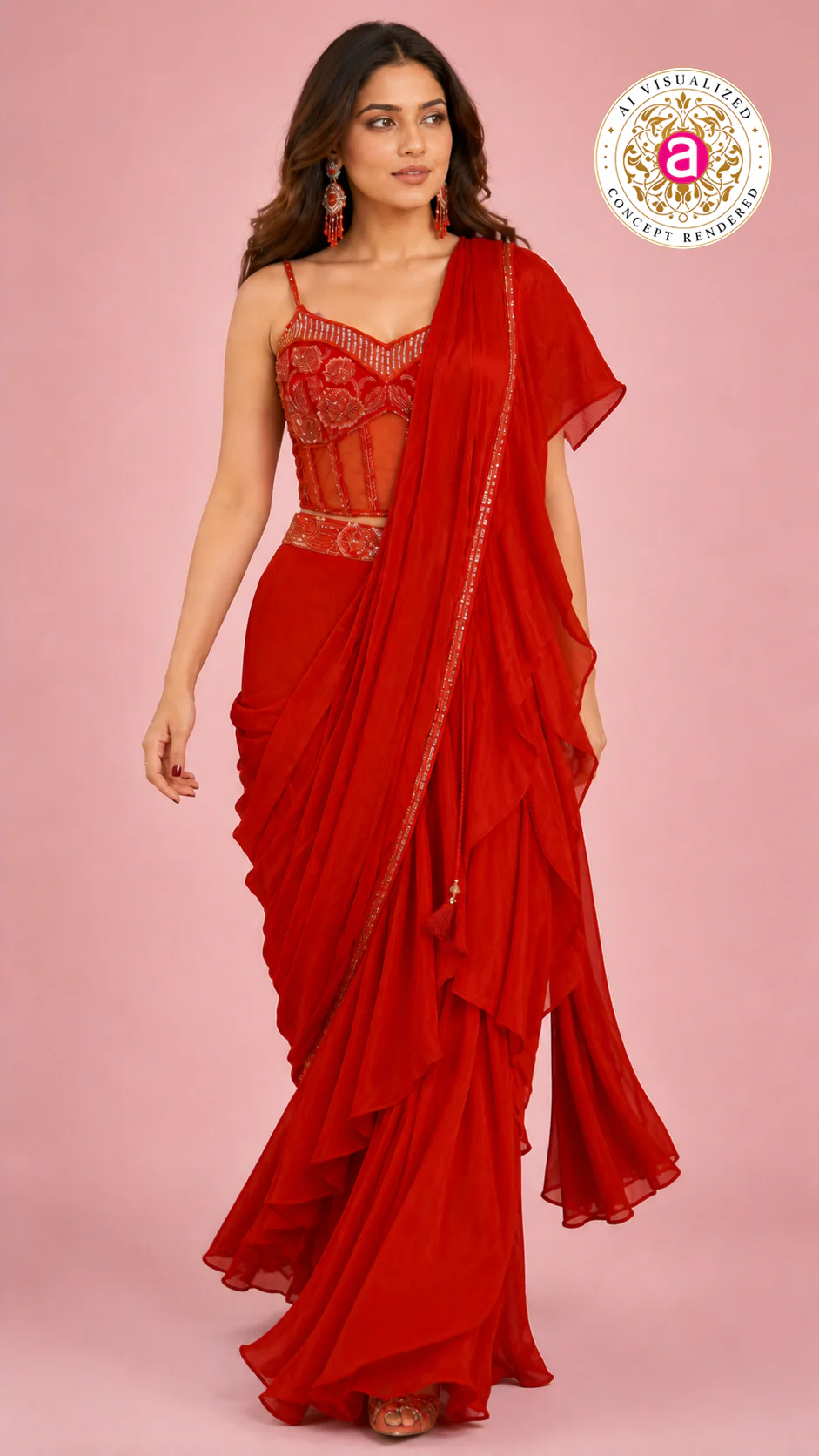 Red Ready-to-Wear Ruffle Saree with Embroidered Corset Blouse & Sheer Pallu - Image 4