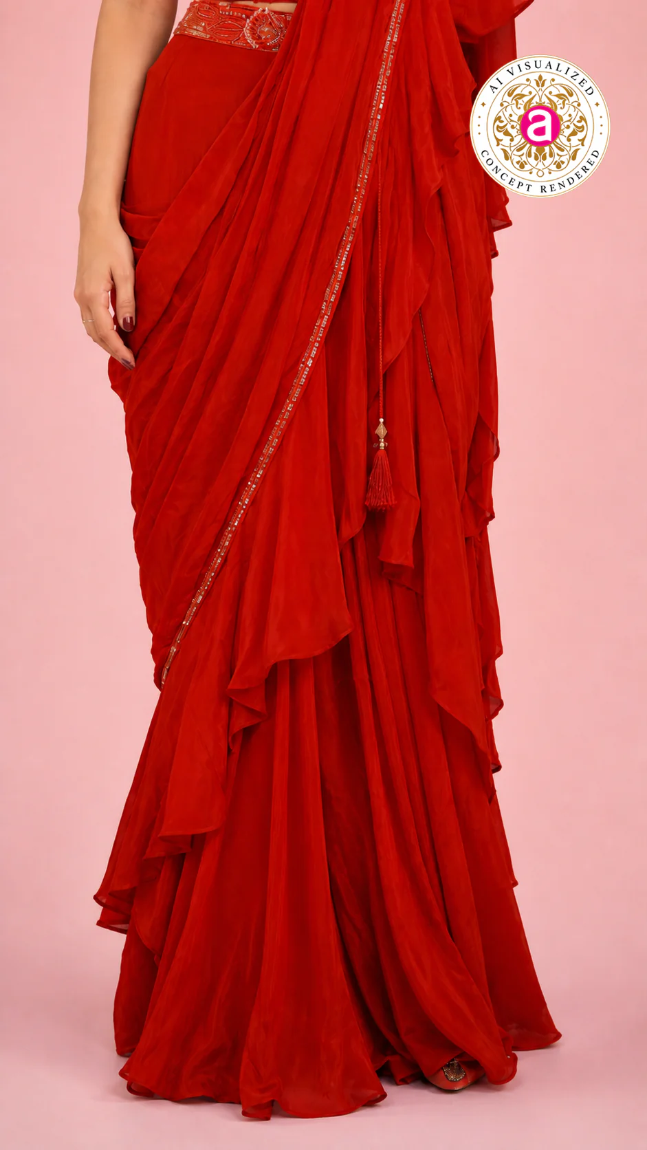 Red Ready-to-Wear Ruffle Saree with Embroidered Corset Blouse & Sheer Pallu - Image 5