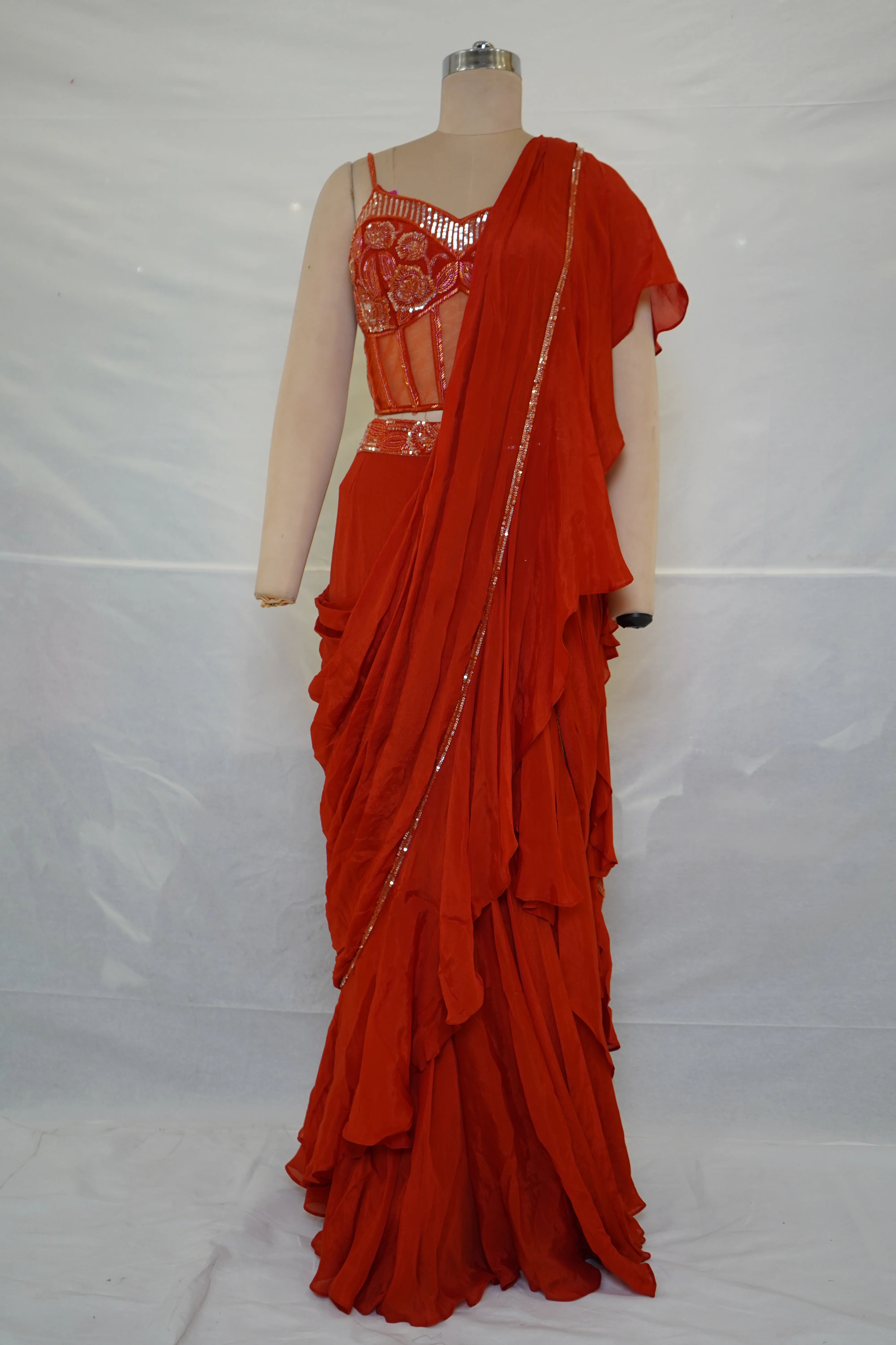 Red Ready-to-Wear Ruffle Saree with Embroidered Corset Blouse & Sheer Pallu - Image 7