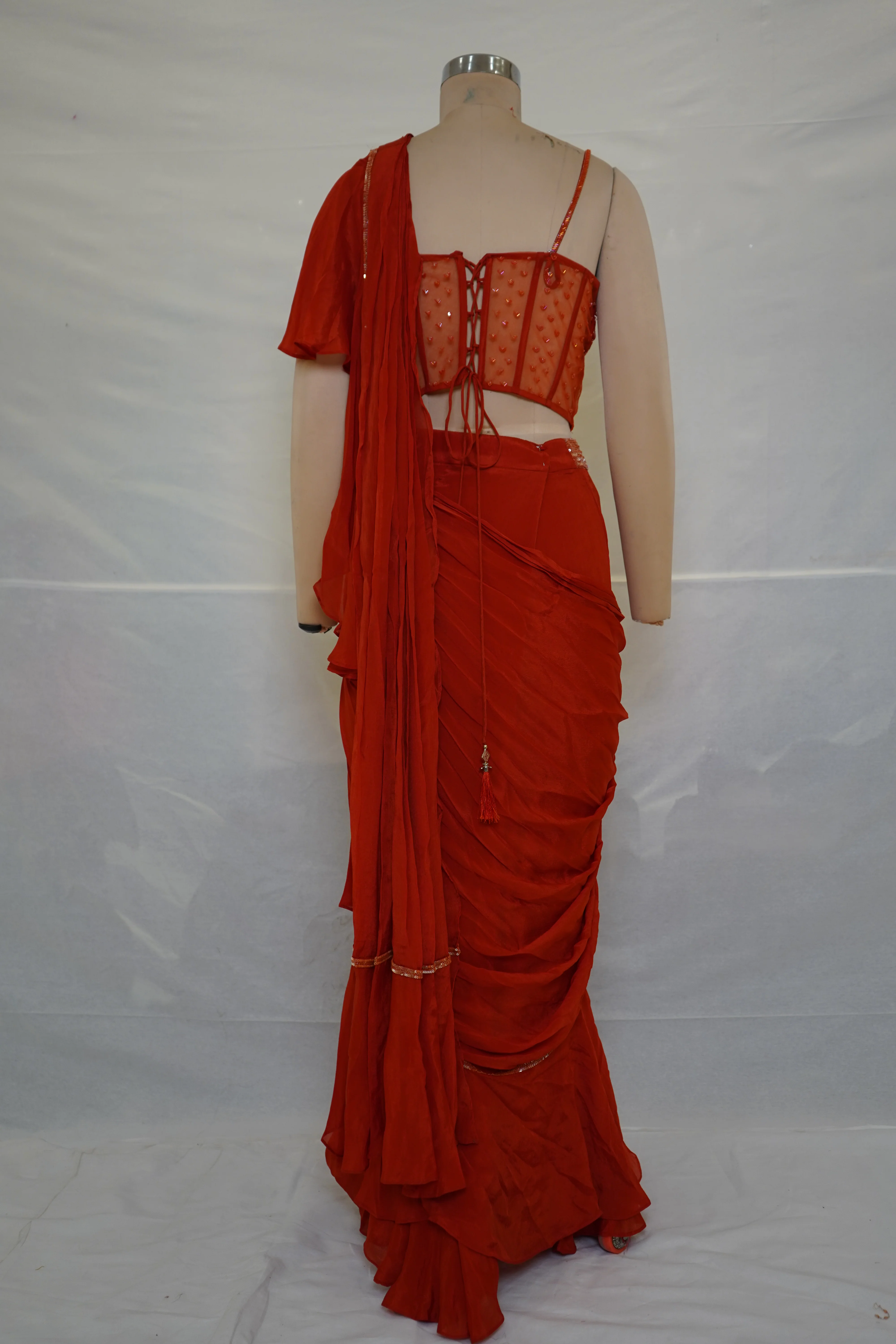 Red Ready-to-Wear Ruffle Saree with Embroidered Corset Blouse & Sheer Pallu - Image 8