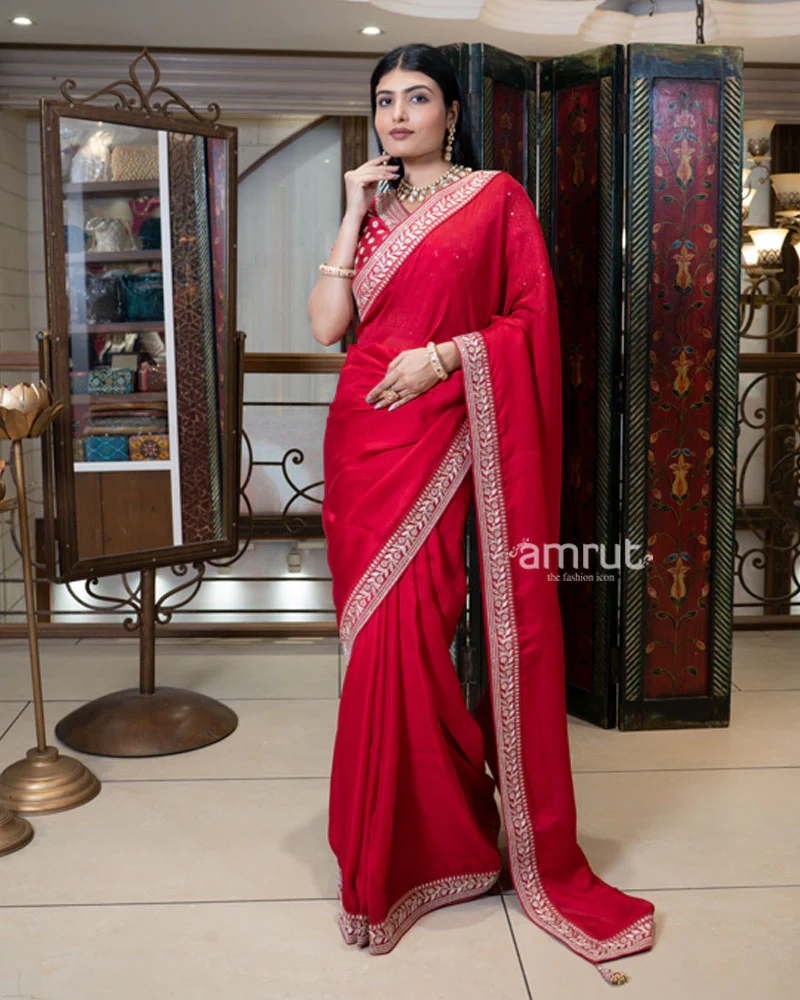 Red Saree with Golden Embroidered Stitched Blouse - Image 2