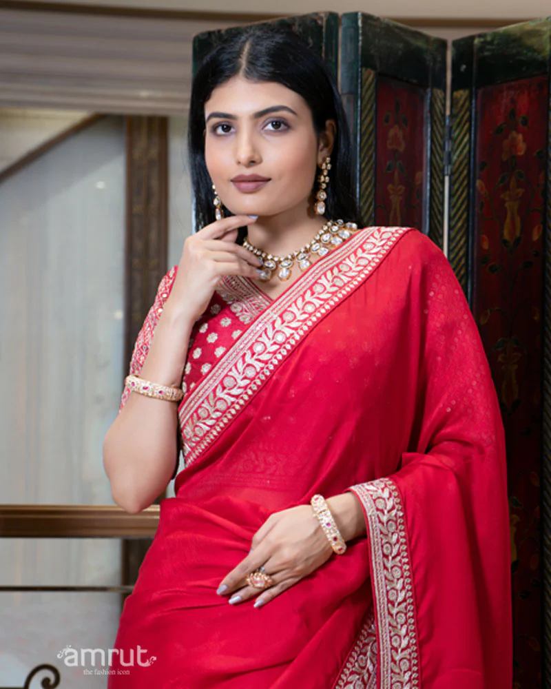 Red Saree with Golden Embroidered Stitched Blouse - Image 3