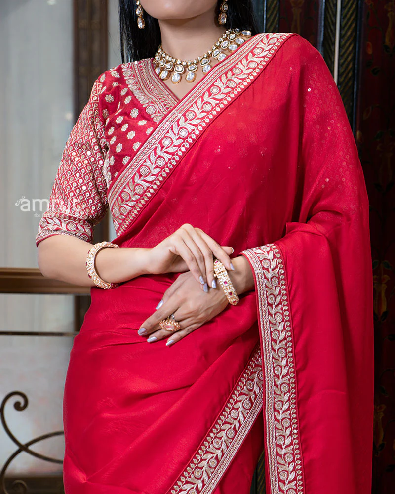 Red Saree with Golden Embroidered Stitched Blouse - Image 4