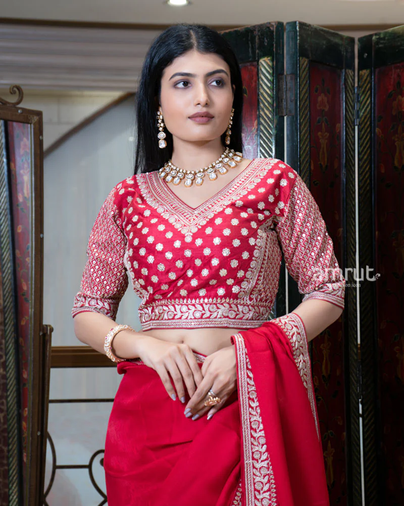 Red Saree with Golden Embroidered Stitched Blouse - Image 5