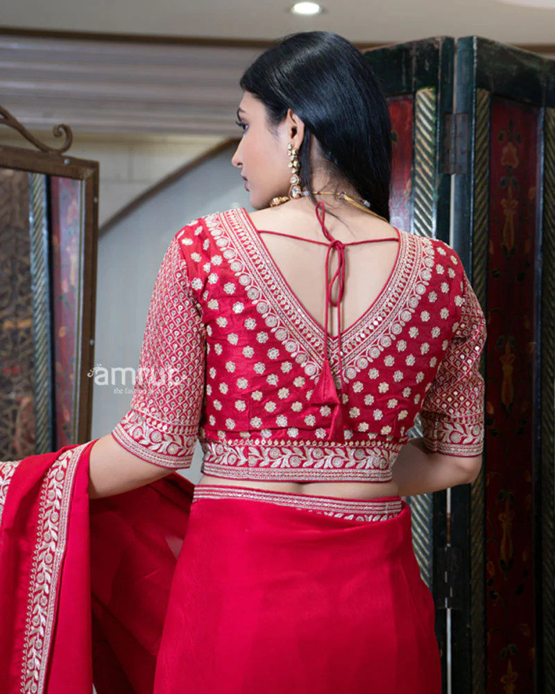 Red Saree with Golden Embroidered Stitched Blouse - Image 6