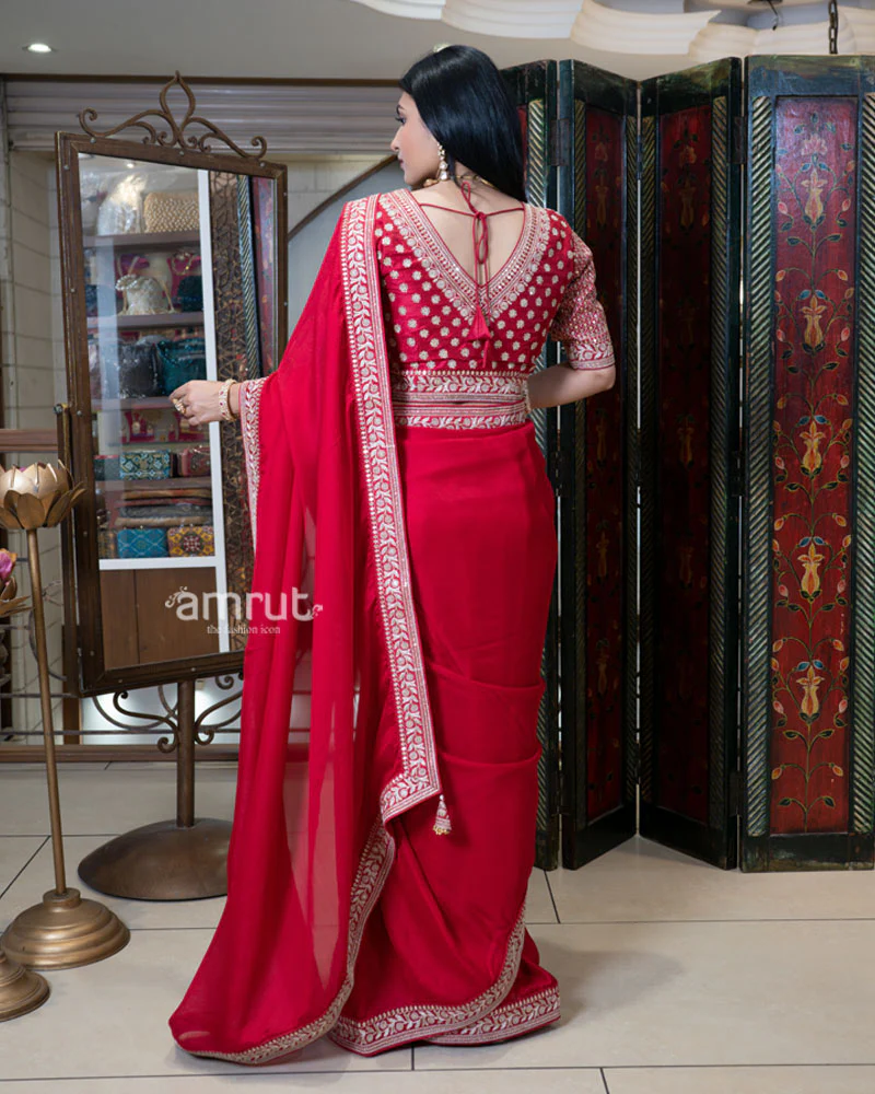 Red Saree with Golden Embroidered Stitched Blouse - Image 7