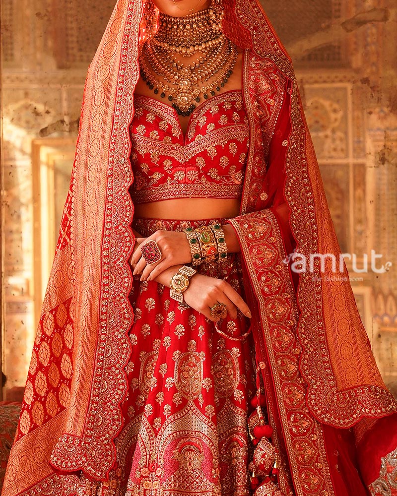 Red Sequin - Embroidered Embellished Bridal Lehenga Choli with Two Dupatta (Net and Bandani) - Image 3