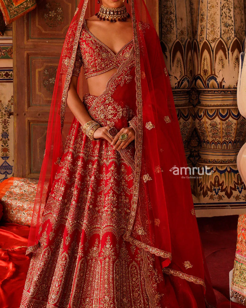Red Sequins Bead Embellished Bridal Lehenga choli - Image 3