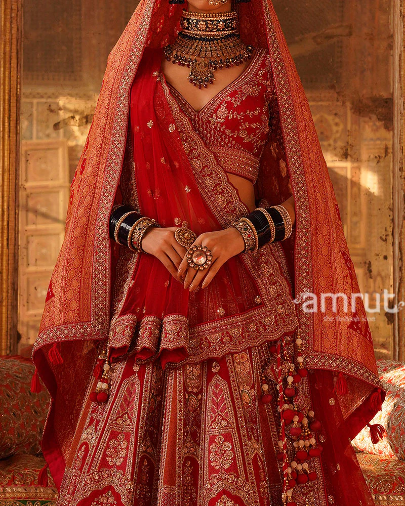 Red Sequins Embroidered Embellished Bridal Lehenga Choli and Net Dupatta - Image 3