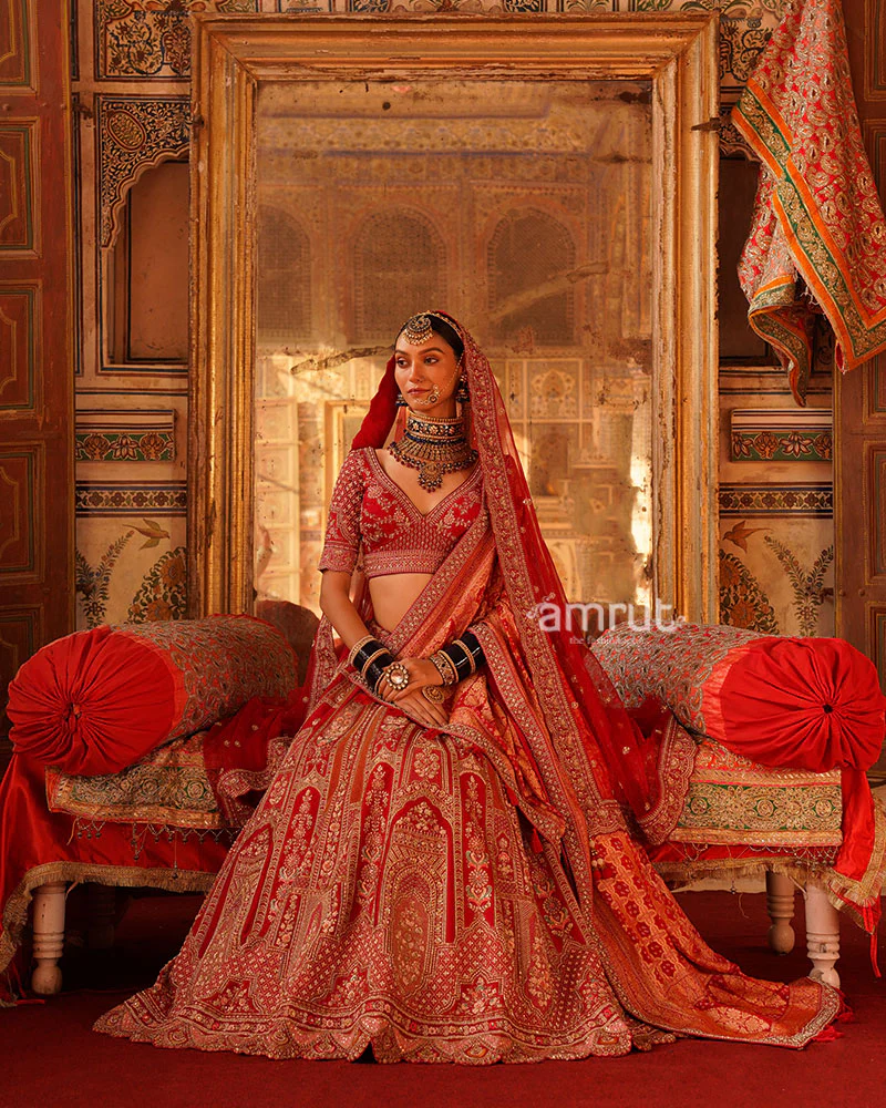 Red Sequins Embroidered Embellished Bridal Lehenga Choli and Net Dupatta - Image 4