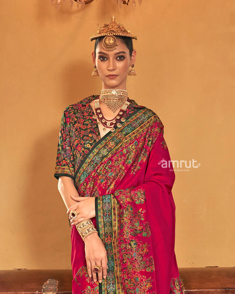 Red Silk Saree with Multicolored Paisley Print and Unstitched Blouse - Image 2