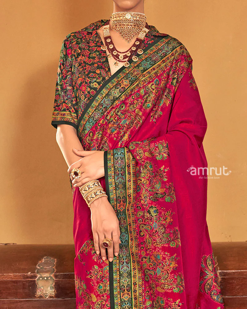 Red Silk Saree with Multicolored Paisley Print and Unstitched Blouse - Image 3