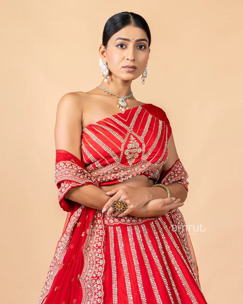 Red Unstitched Lehenga With Dupatta - Image 3