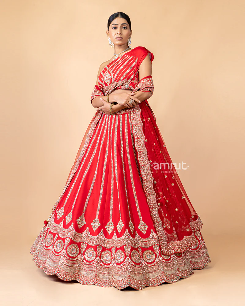 Red Unstitched Lehenga With Dupatta - Image 4