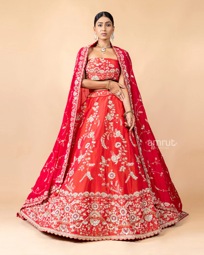 Red Unstitched Lehenga With Dupatta - Image 5