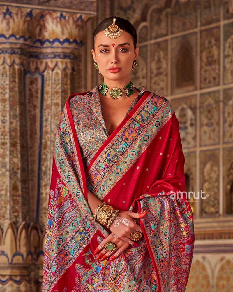 Red with Floral Motifs Printed Border Saree and Unstitched Blouse - Image 2