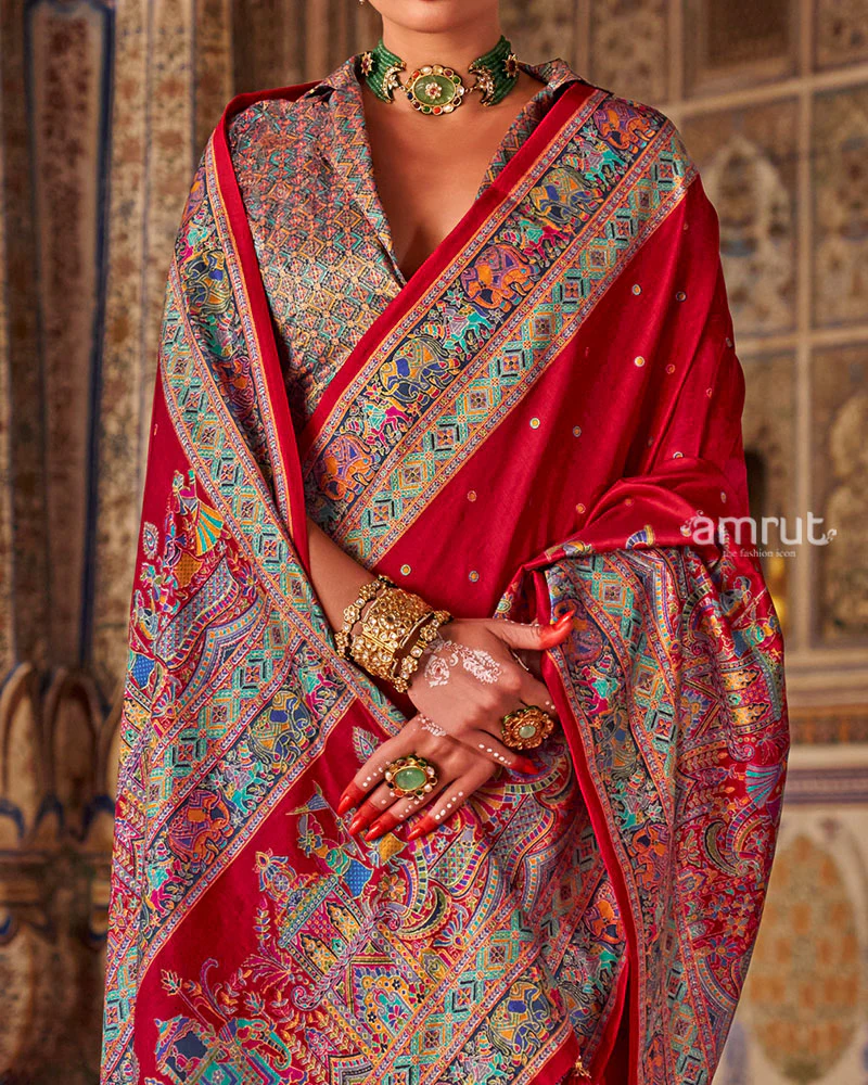 Red with Floral Motifs Printed Border Saree and Unstitched Blouse - Image 3
