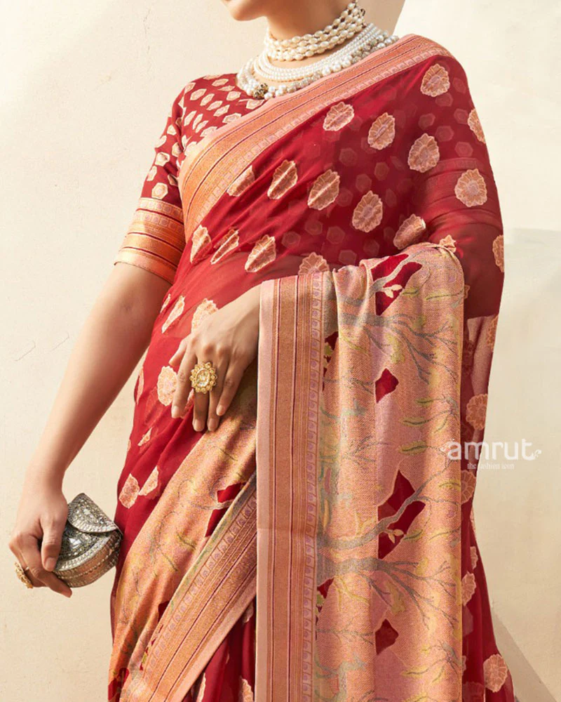 Red with Golden Polka Dots  Nature Inspired Print Border Georgette Saree and Unstitched Blouse - Image 3