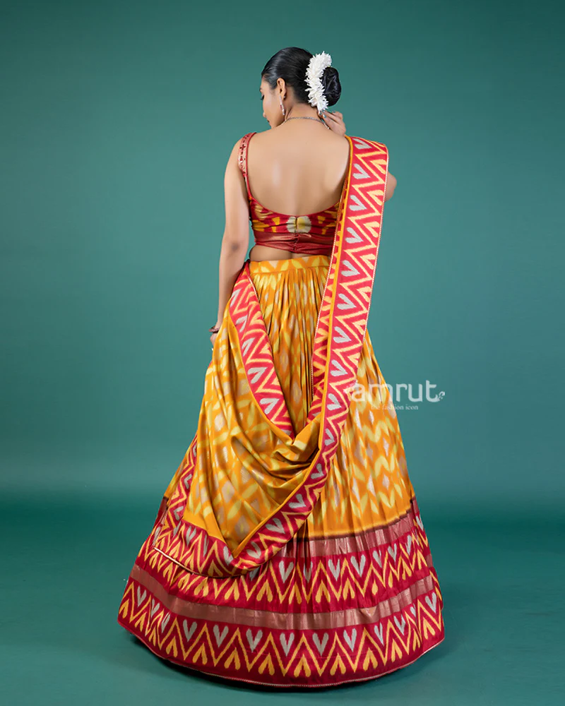 Red & Yellow Ikat Printed Lehenga Choli with Dupatta - Image 3