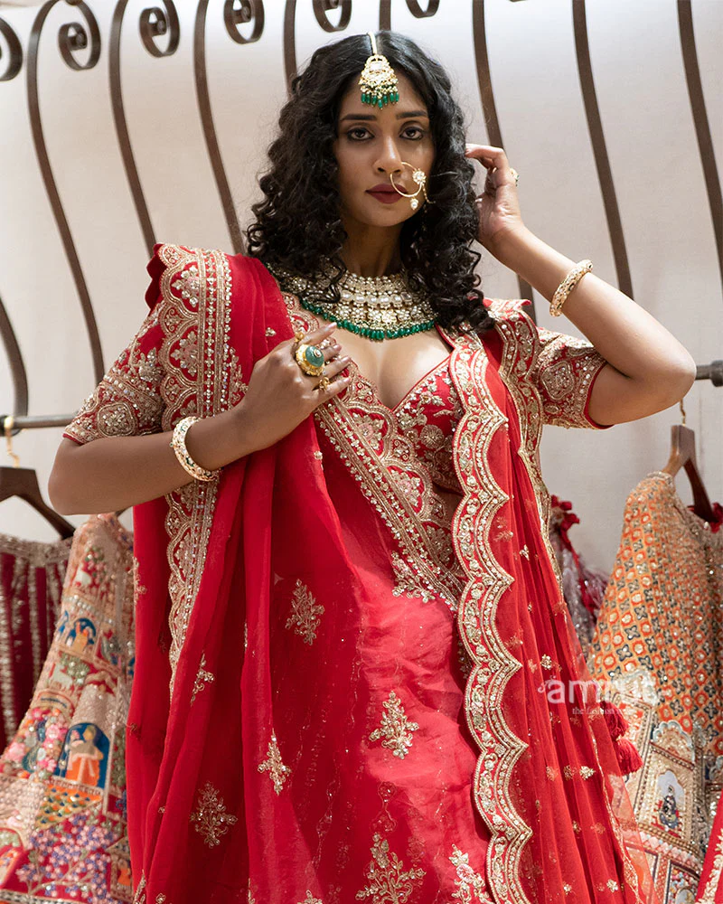Red Zardozi Embroidered Bridal Lehenga Set - Image 2