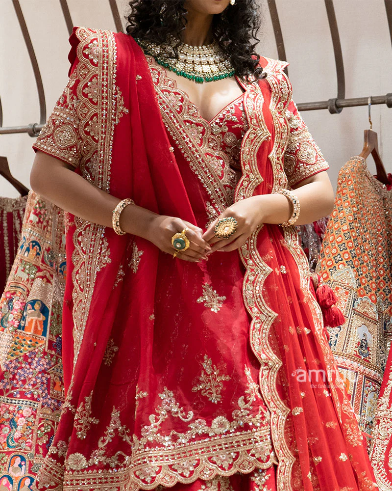 Red Zardozi Embroidered Bridal Lehenga Set - Image 3