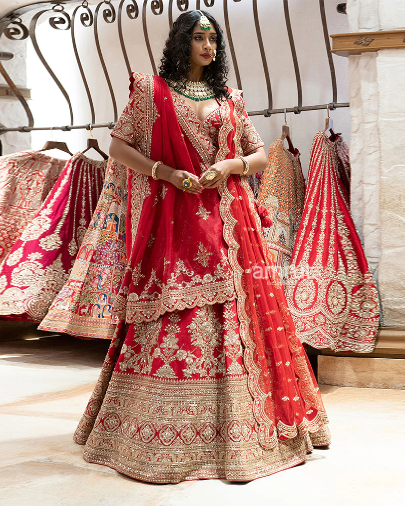 Red Zardozi Embroidered Bridal Lehenga Set - Image 4