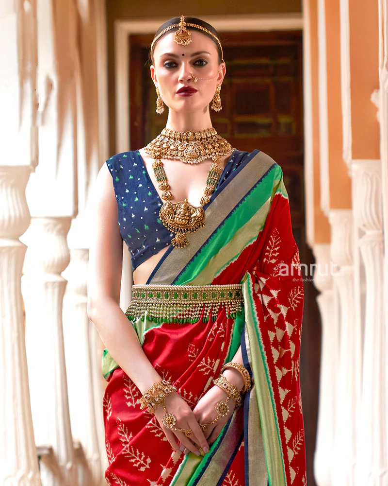 Red Zari Embellished Borders Silk Saree with Unstitched Blouse - Image 2