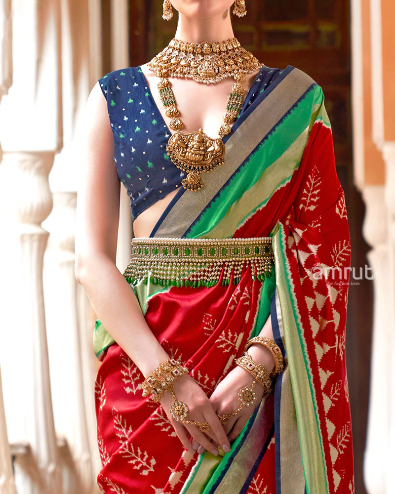 Red Zari Embellished Borders Silk Saree with Unstitched Blouse - Image 3