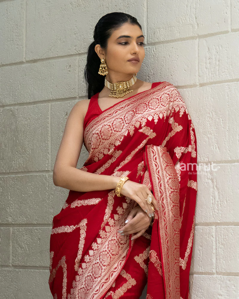 Red Zari Embroidered Banarasi Khadi Georgette Saree with Unstitched Blouse - Image 2