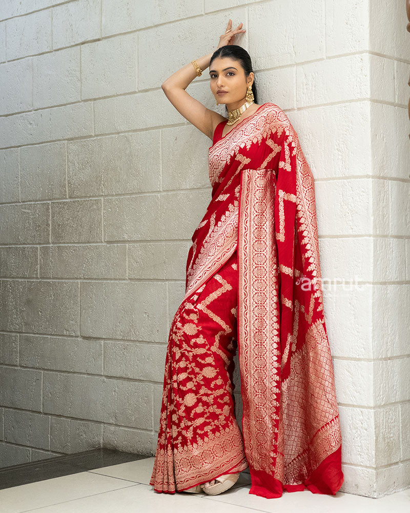 Red Zari Embroidered Banarasi Khadi Georgette Saree with Unstitched Blouse - Image 4