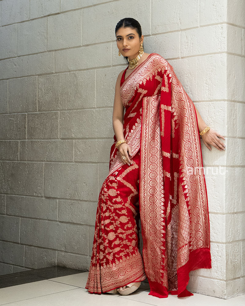 Red Zari Embroidered Banarasi Khadi Georgette Saree with Unstitched Blouse - Image 5