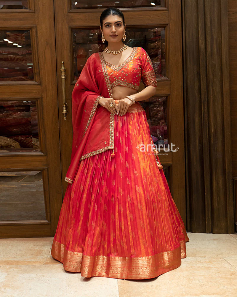 Red Zari Silk Lehenga Set with Embroidered Blouse and Dupatta - Image 5