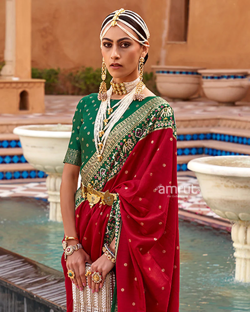 Red Zari Weaving Green Border Saree in Patola Silk with Unstitched Blouse - Image 2